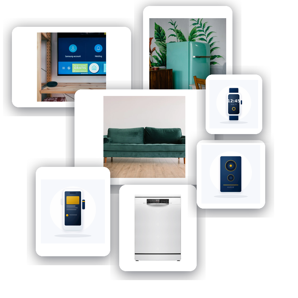Sofa, television, refrigerator, dishwasher, smartphone, speaker and smartwatch sold at JMSONS